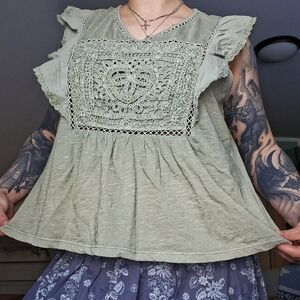 Lucky Brand Ruffle Sleeve Lace Front Blouse